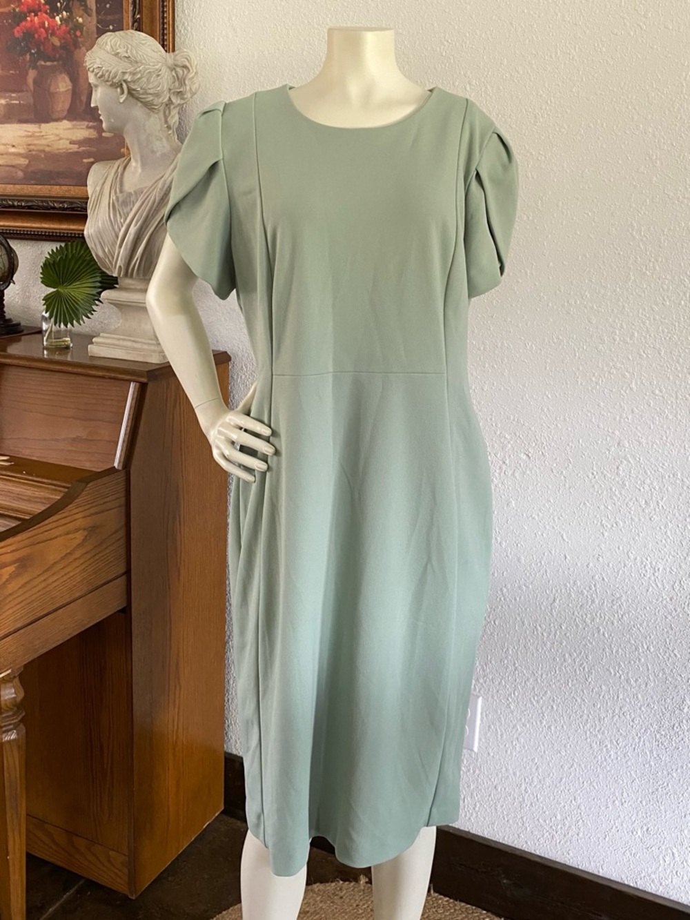 Calvin Klein Sage Green Puff-Sleeve Midi Dress